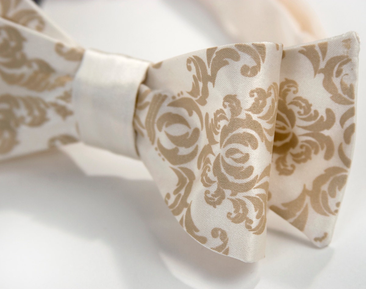 Cream damask bow tie. Self-tie, freestyle bow tie. Silkscreened warm cream print. Your choice of colors.