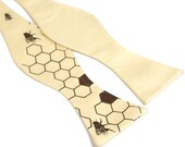 Oh Honey bow tie. Butter yellow tie, self-tie. Silkscreened honeybees. Chocolate brown print. Adjustable.