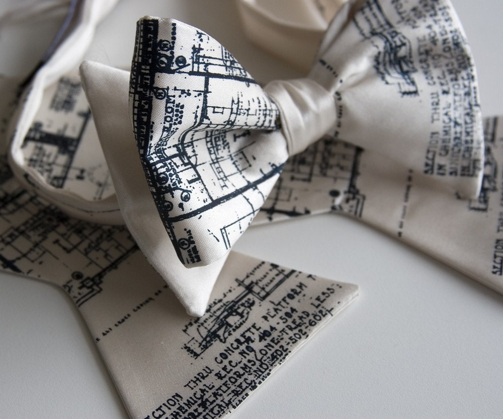 Men's cream bow tie, freestyle Blueprint design. Silkscreened ivory necktie, navy ink.
