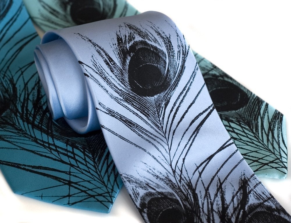 Peacock feather men's silk necktie. Silkscreened tie, black print.