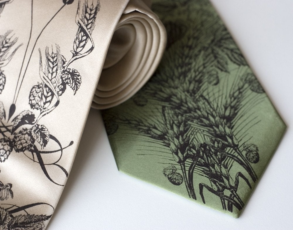 Beer silk tie with hops, barley and wheat. Silkscreen silk necktie. Espresso ink.