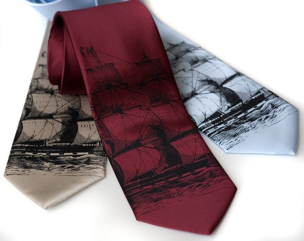 Clipper ship tie. Men's necktie. Black silkscreen print. Choose standard or narrow microfiber.