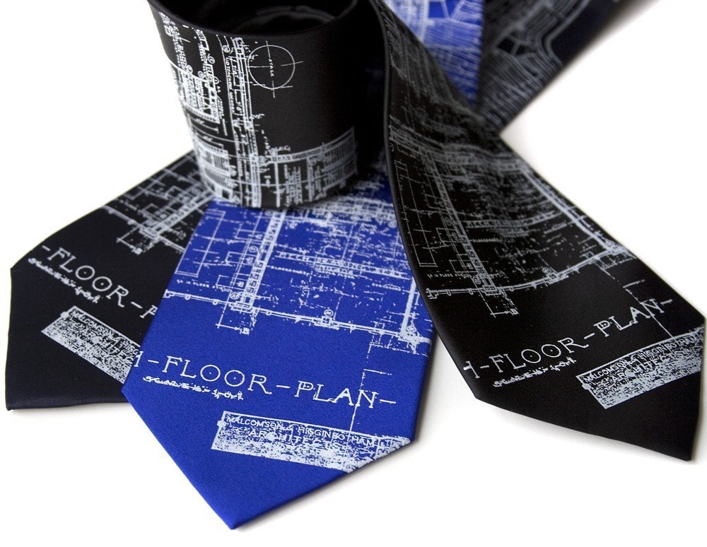 Detroit Blueprint silk necktie. Cass Tech. Silkscreen architect design, white ink.