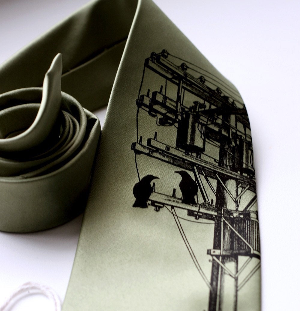 Transformer. Electric wires screenprinted necktie. Standard or narrow width. Sage green.