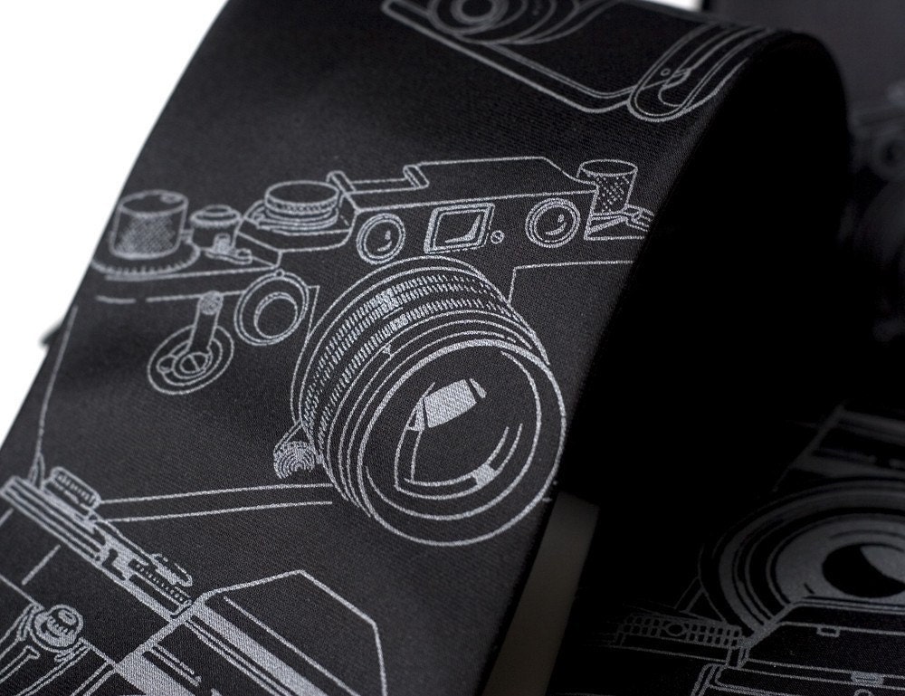 Vintage camera necktie. Screen printed men's black tie. Choose standard, narrow or skinny size. Microfiber tie.