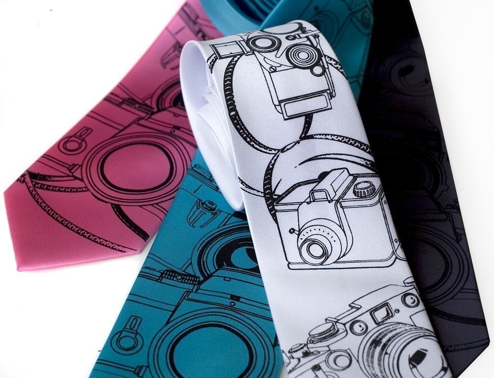 Vintage camera tie, screenprinted  microfiber necktie. Choose narrow or standard.