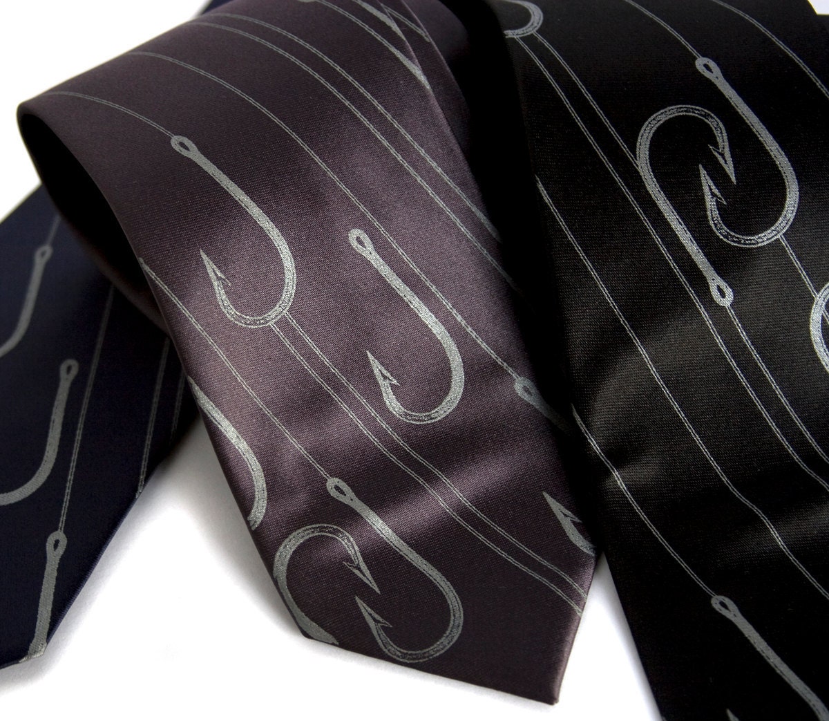 Angler's fishing necktie, "Playing Hooky." Dove gray silkscreen design. Choose standard or narrow microfiber tie.
