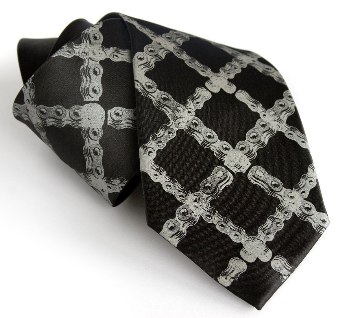 Tartan bicycle chain black necktie. Dove gray silkscreen print. Microfiber. Diamond bike chain tie. Choose standard, narrow or skinny.