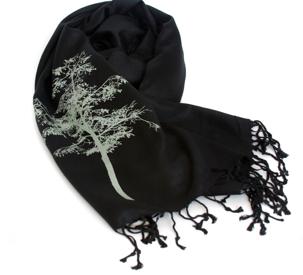 Mountain Aspen tree scarf. Large black Pashmina. Sage green screenprint. Unisex.