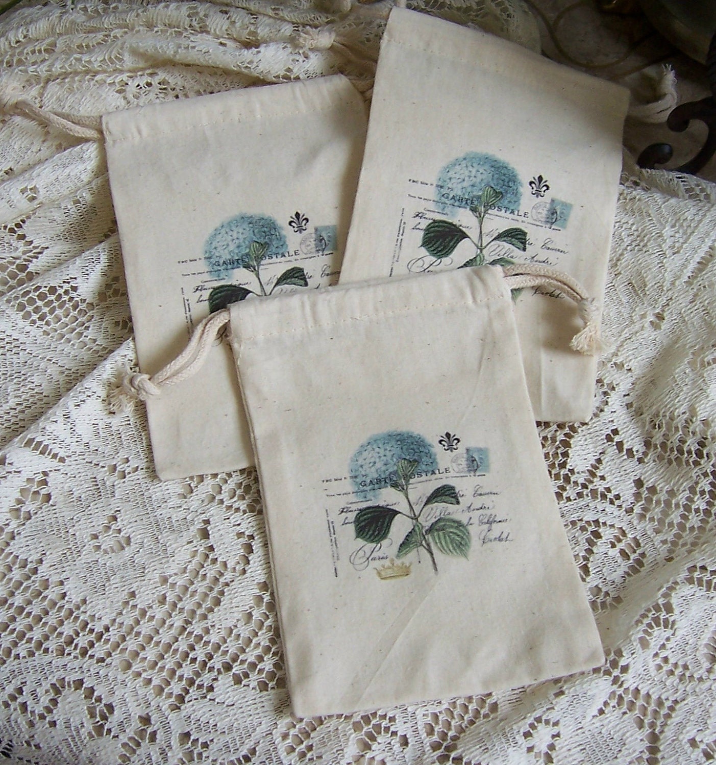 Hydrangeas on Muslin gift bags with drawstring rope 3 bags