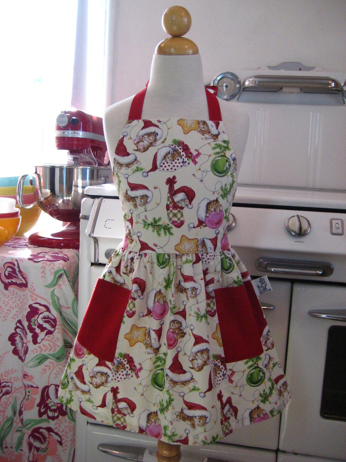 Vintage Inspired Christmas Cat in the Santa Hat Full Apron for Little Girls