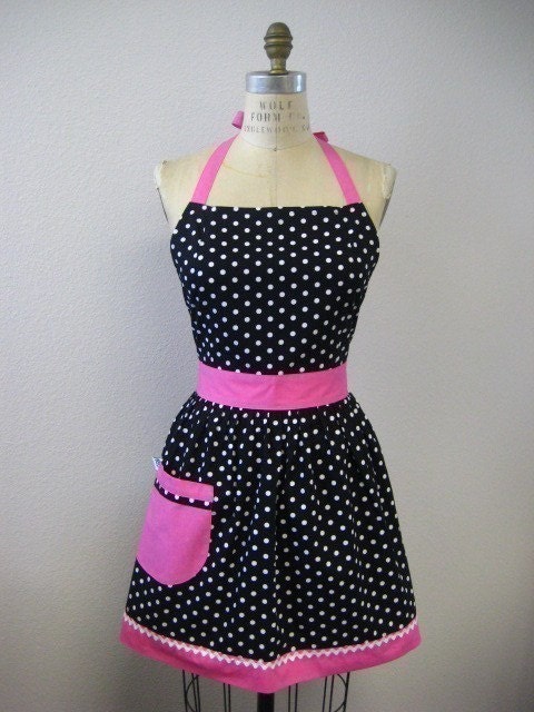 Retro Apron Polka Dot Black and White with HOT Pink Full Apron