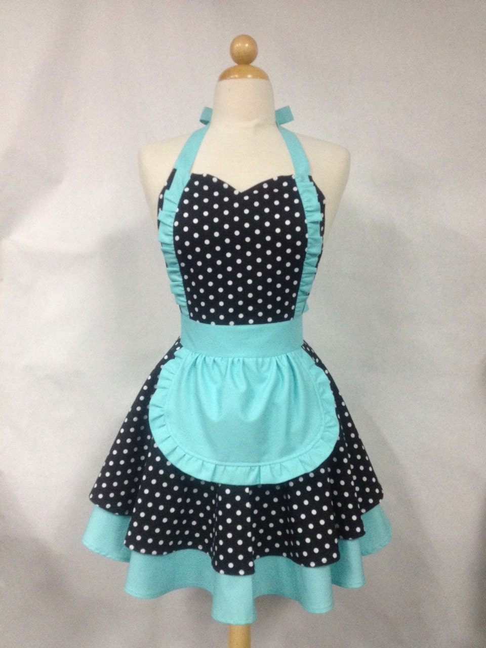 French Maid Apron Polka Dot with Aqua - Retro Full Apron