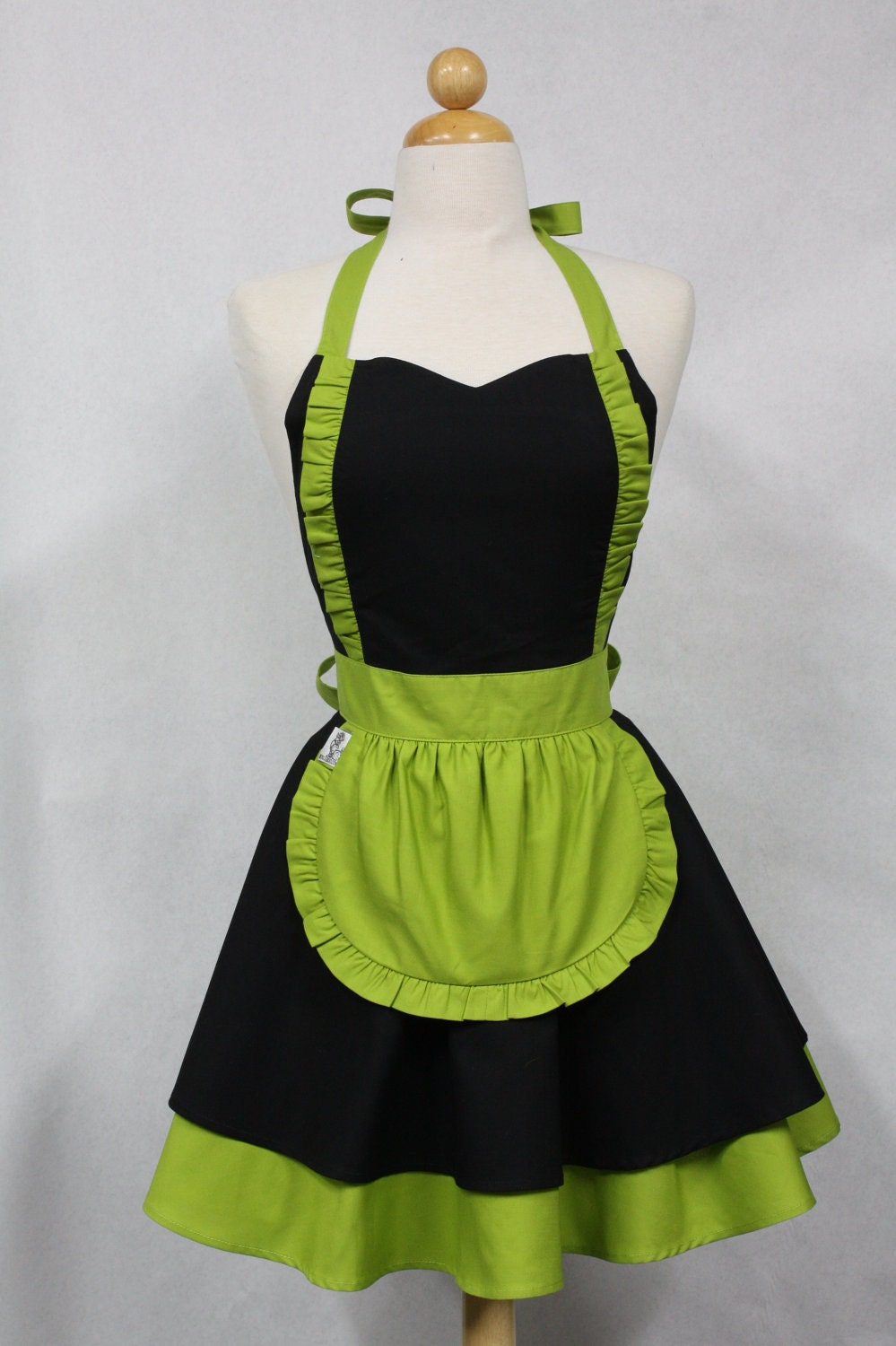 Apron French Maid Solid Black with Lime Green Double Circle Skirt Retro Full Apron