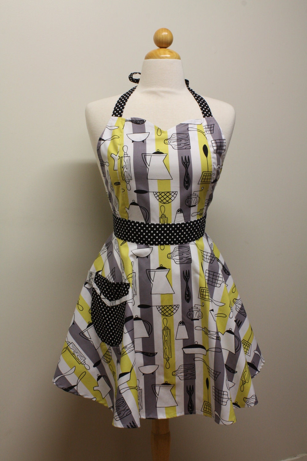 Retro Stripe Apron Mod Yellow Grey Kitchen BELLA