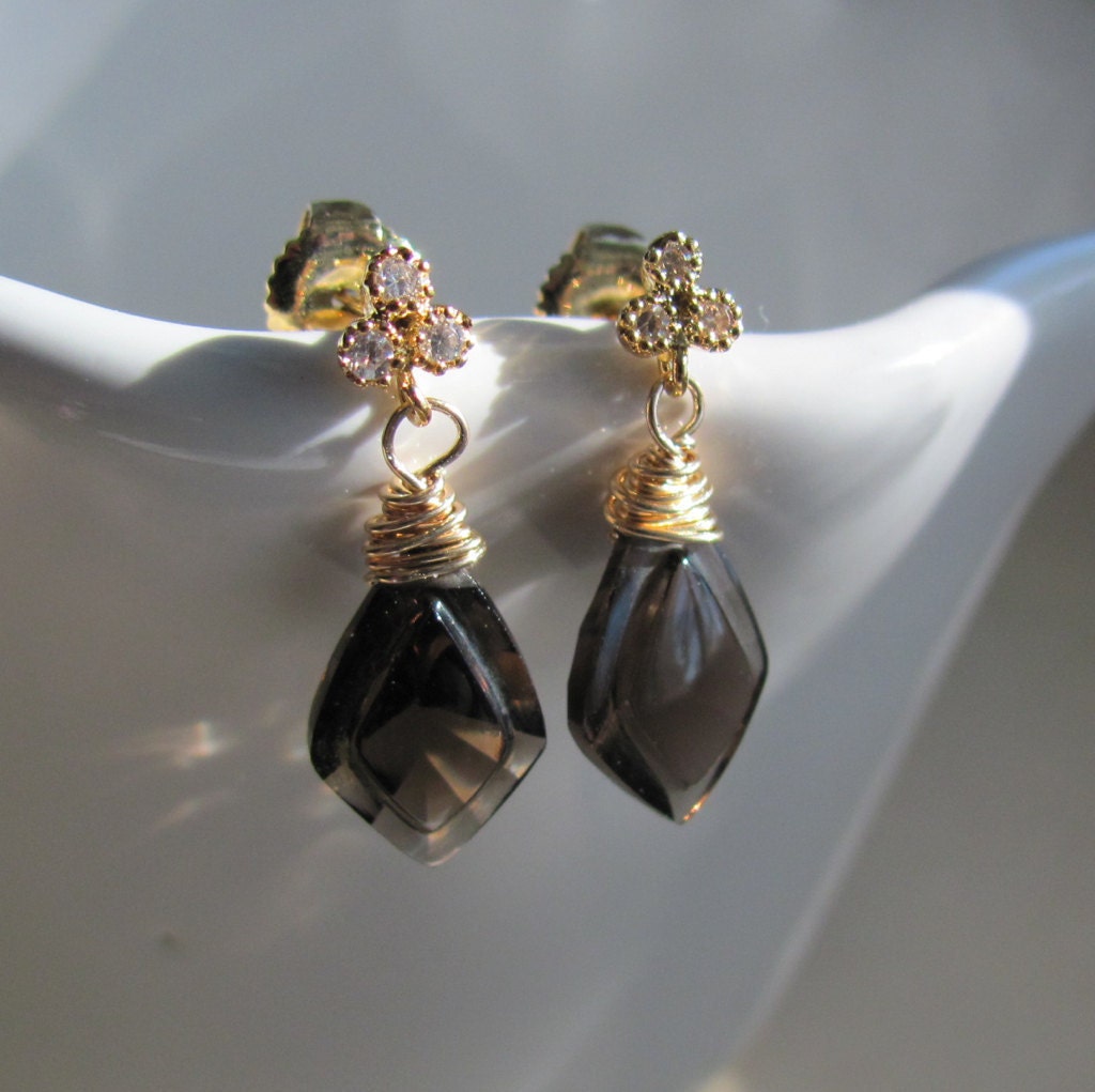 Smoky Quartz Earrings with Cubic Zirconia and 14K Gold Vermeil