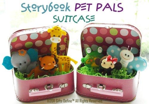 RESERVED for Jennifer Y -- Storybook 3 Pet Pals in SUITCASE - collectible - pretend play - playroom or nursery decor
