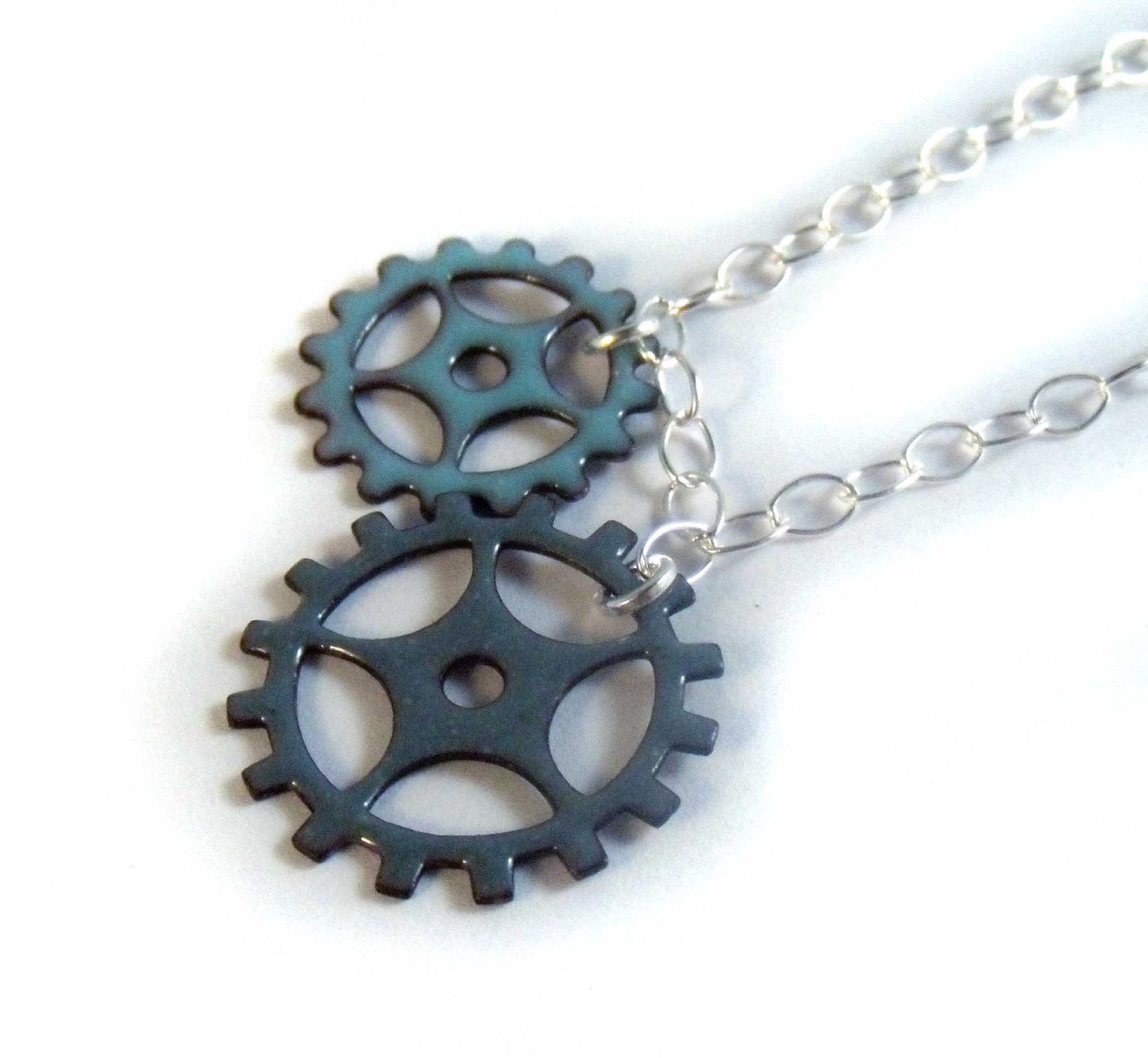 bike love gears enamel and sterling necklace / aquamarine blue, slate gray, terra cotta red