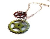 bike love / gears enamel and brass necklace / lime avocado green, cherry red, terra cotta burgundy