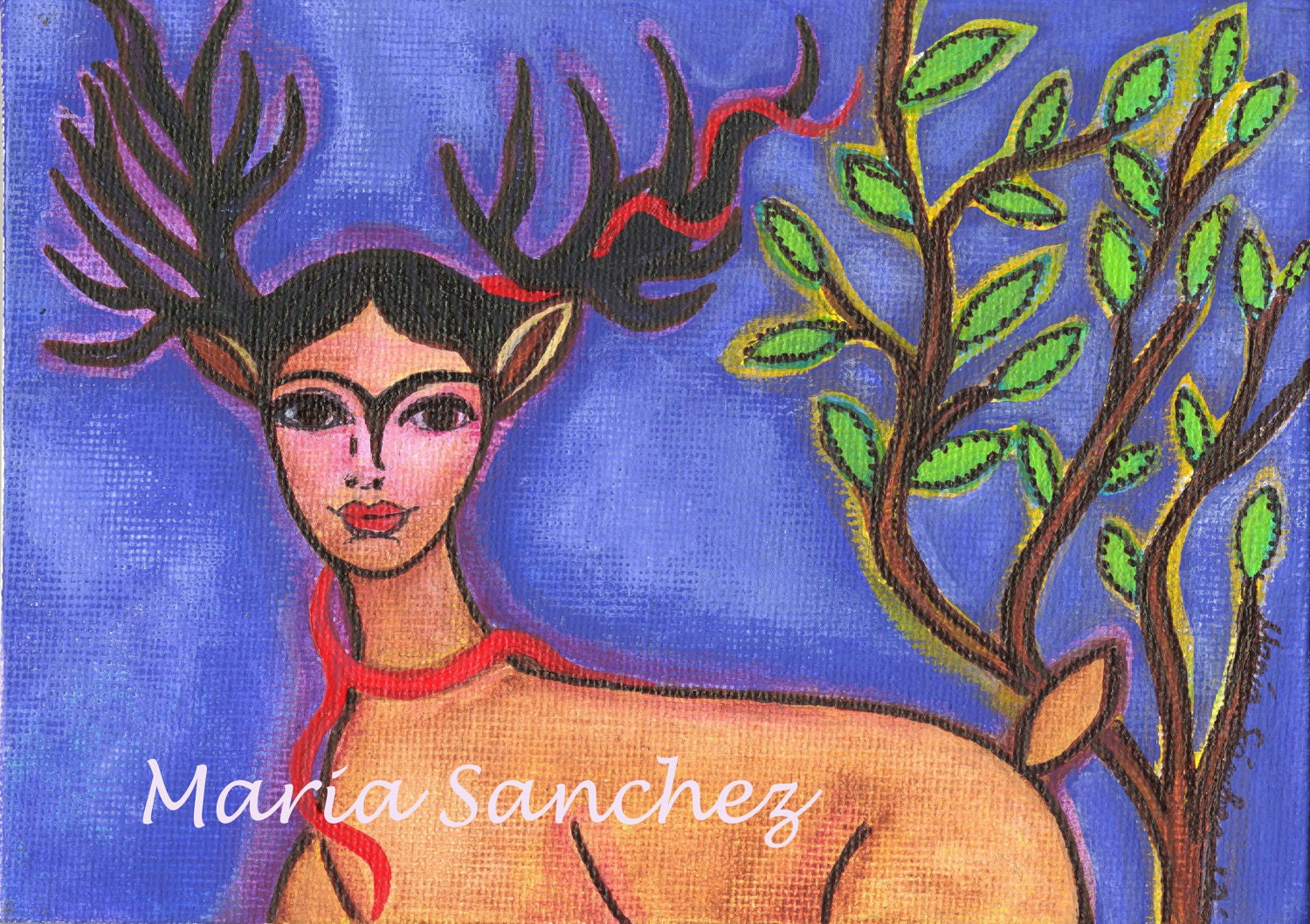 Frida Kahlo little deer 5x7 inches original painting Mexican folk art by Maria Sanchez