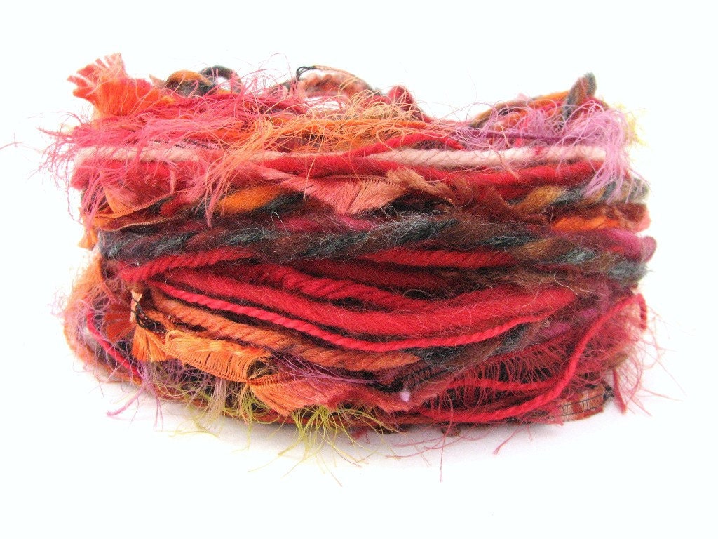 Yarn Fiber Bundle, Flaming Fire, 30metres cut lengths, hot red orange brown embers, fancy textured wool