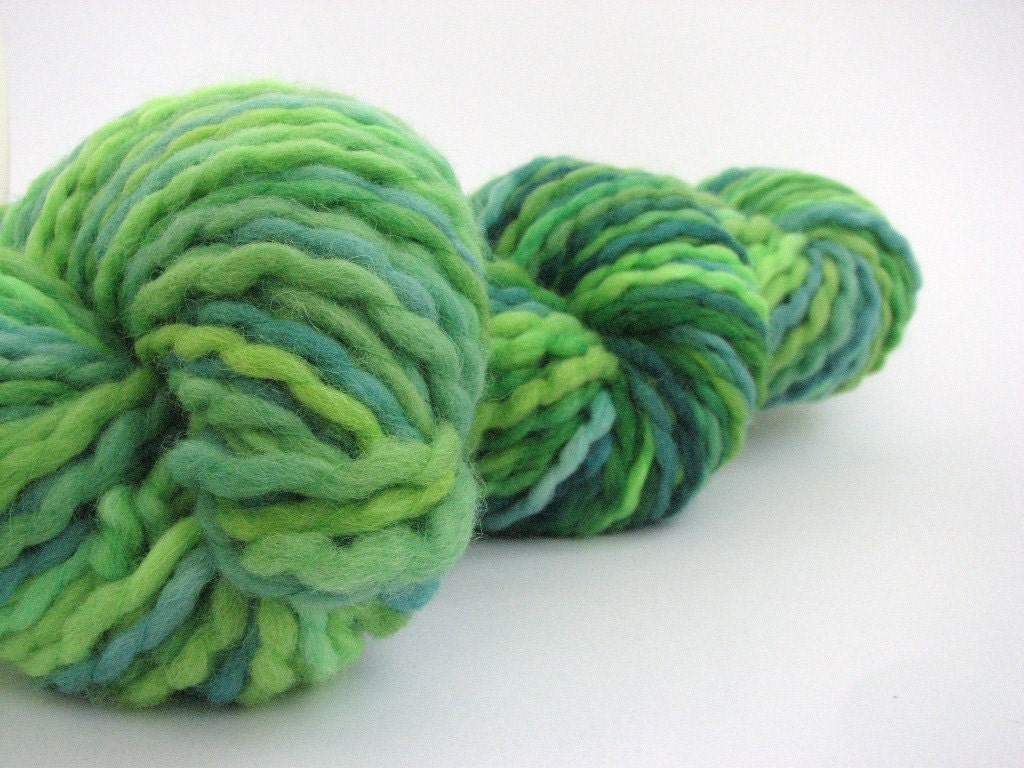 Green chunky wool, 100grams hand-dyed bulky weight merino knitting crochet yarn, Perran Yarns, Abundance, teal, lime, emerald