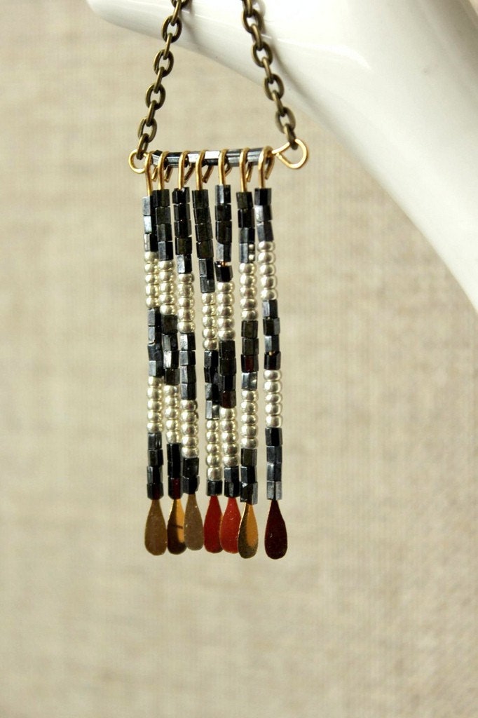 chevron necklace for fall fashion in beaded geometric metallic blue fringe