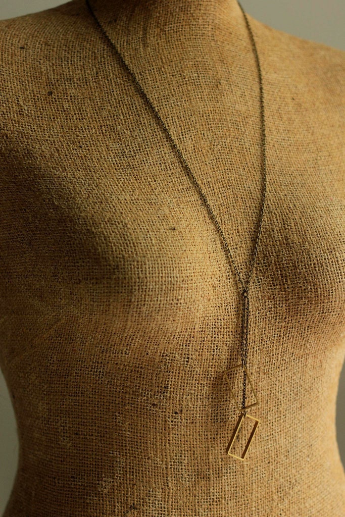 RESERVED geometric rectangle necklace with raw brass pendants on a long chain, geometric jewelry