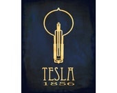 Science Art Print 11x14 - Nikola Tesla Art Poster, Steampunk Art, Rock Star Scientist, Physics Art, School Art Poster, Light Bulb Geek Art