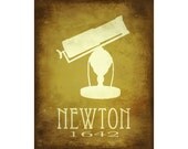 Science Art Print 8x10 Isaac Newton Telescope Astronomy Poster, Steampunk Art, Scientist Wall Decor Office Art School Art Educational Poster
