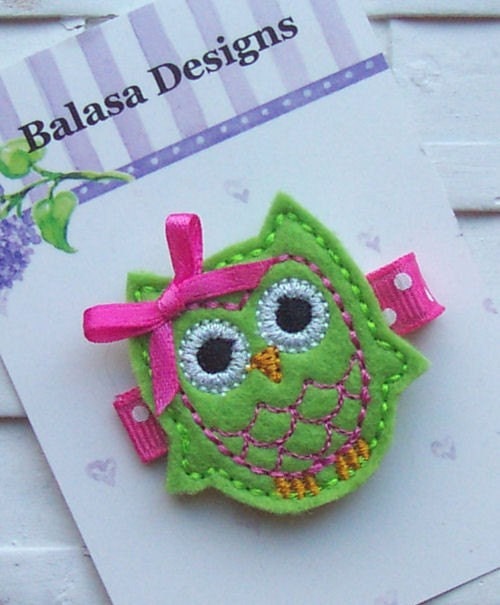 Boutique Lime Green Embroidered Felt Owl Hair Clippie