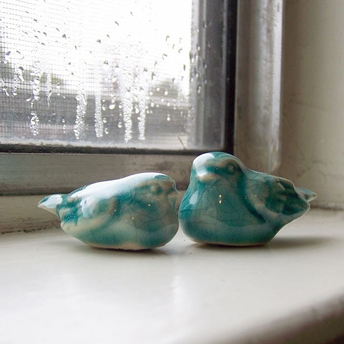 Pair of Ceramic Birds - Peking Turquoise Blue Crackle Glaze