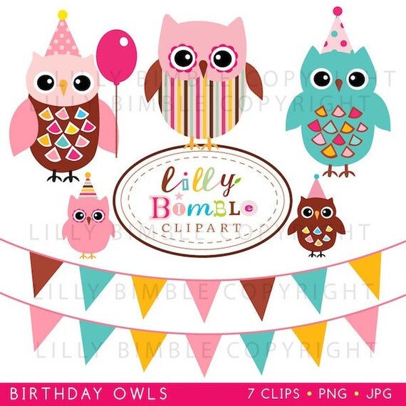 Birthday Owls with Bunting Banners INSTANT DOWNLOAD Il_570xn
