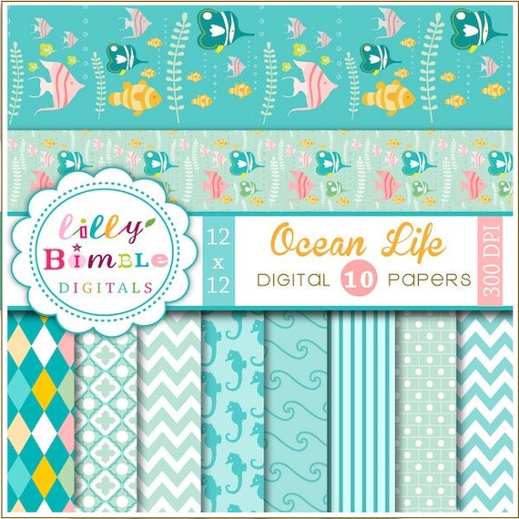 Oceans digital scrapbook papers blue, aqua, mermaid Il_570xn