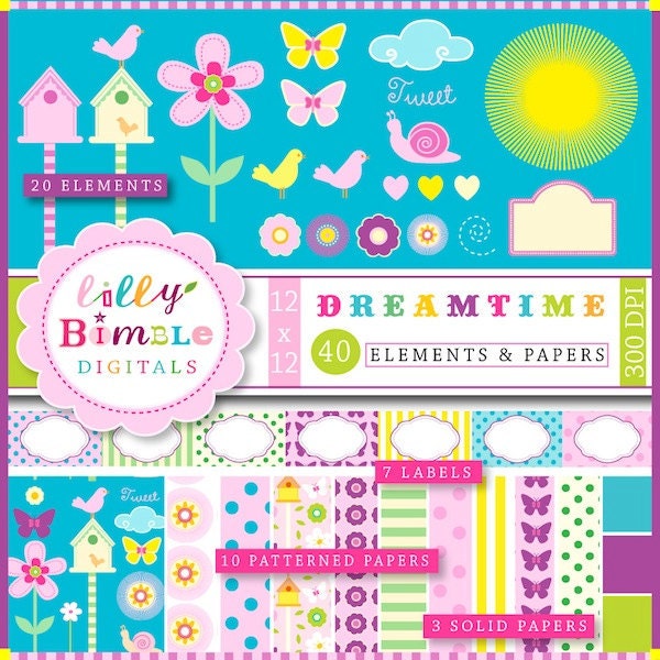 Instant Download digital scrapbook papers, clipart, labels, birds, garden, flowers, Dreamtime Il_570xn