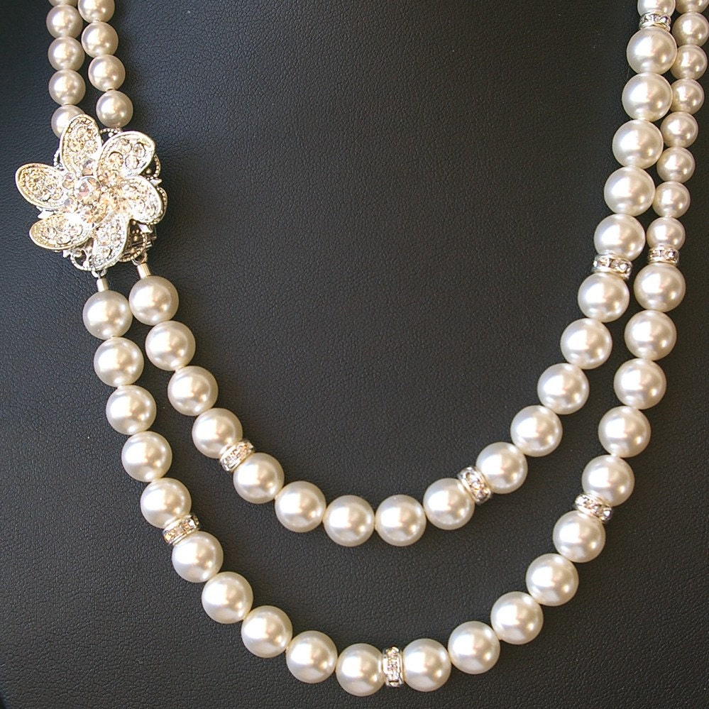 Pearl Bridal Jewelry, Rhinestone Flower Bridal Necklace, Pearl Wedding Jewelry, Vintage Style Wedding Necklace, Ivory Pearl Necklace, FELICE