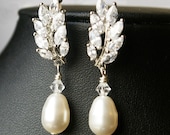 Wedding Bridal Earrings, Swarovski Pearl Bridal Drop Earrings, Rhinestone Leaves Wedding Earring, Vintage Inspired Bridal Jewelry, Blake