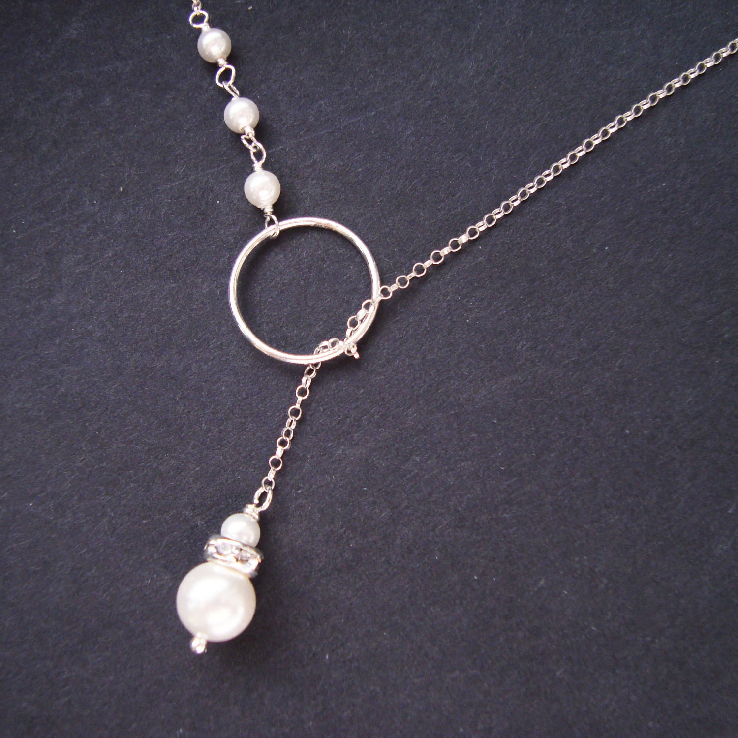 Sterling Silver and Pearl Lariat Necklace, Bridesmaid Necklace, Lush Pearl Collection