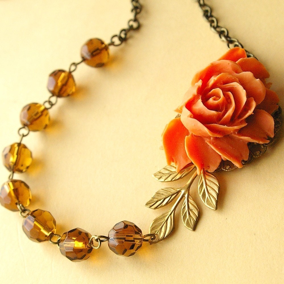 Spiced Pumpkin Orange Rose Necklace, Gold Leaves, VERONICA