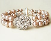 Champagne Pearl Bridal Wedding Bracelet, Vintage Style Champagne Pearl Bridal Bracelet Cuff, Silver Champagne Wedding Jewelry, CELINE