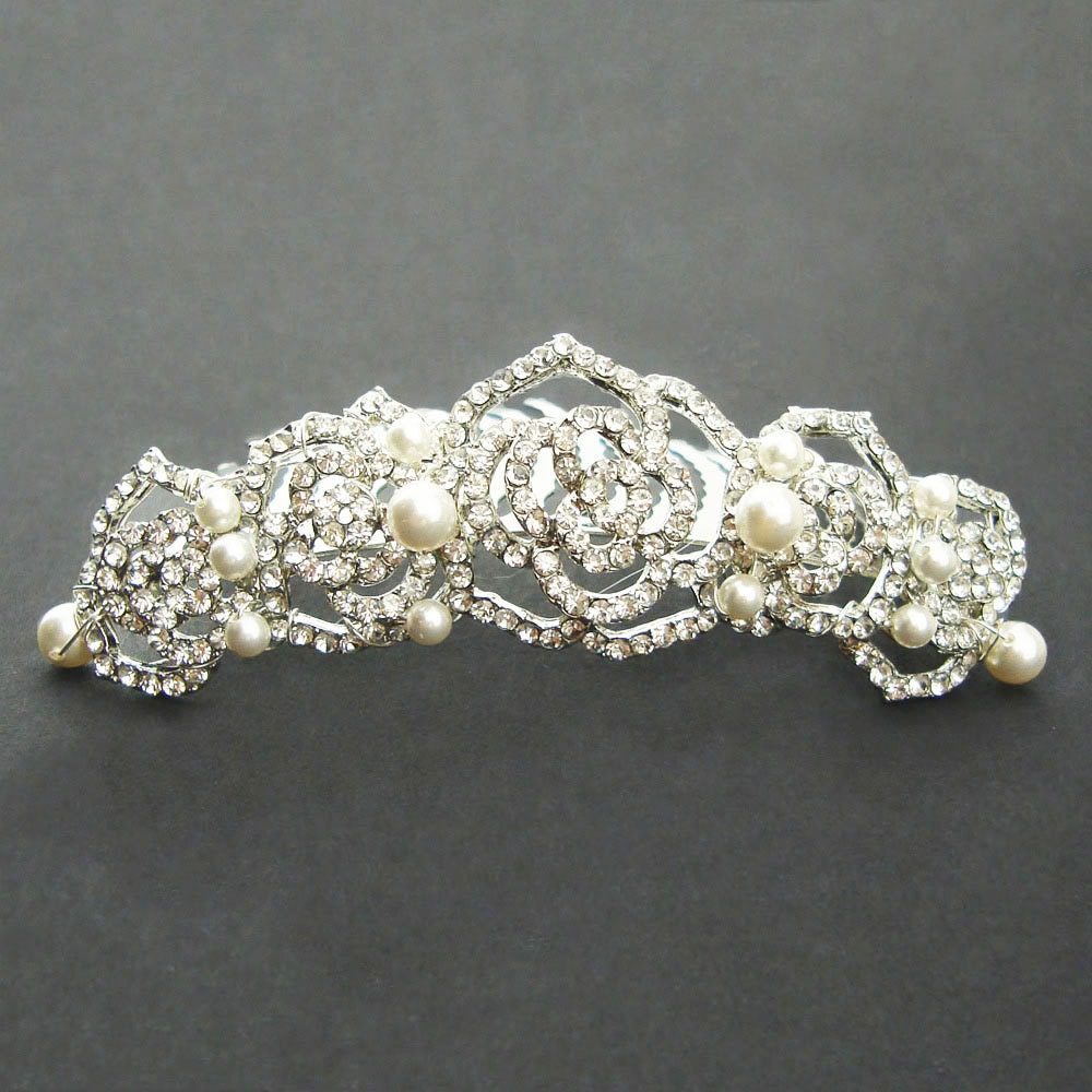 Crystal & Pearl Bridal Tiara, Rhinestone Rose Bridal Tiara Crown. Vintage Wedding Tiara, Crystal Flower Head Piece, ROSE