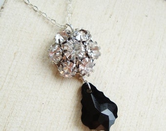 Black Crystal Bridal Necklace, Black Rhinestone Wedding Necklace, Sterling Silver Bridesmaids Necklace, EMMA