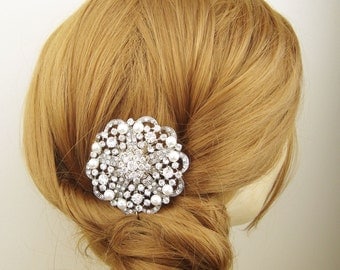 Vintage Style Bridal Hair Comb, Ivory White Pearl & Crystal Rhinestone Flower Wedding Hair Comb, Bridal Hair Accessories, MILA