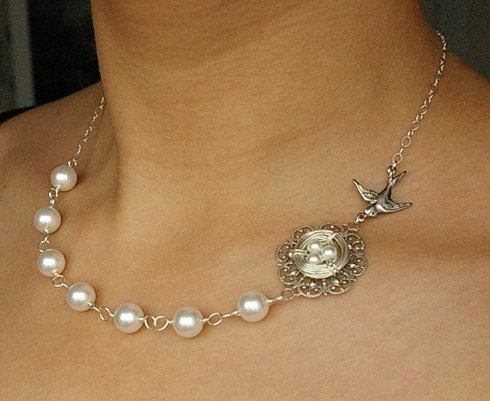 Pearl Birds Nest Bridal Necklace, Sterling Silver Nest, Bridal Jewelry, Wedding Necklace, Ivory White Pearl Wedding Jewelry, PRECIOUS NEST