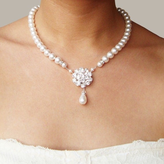 Bridal Pearl Necklace, Vintage Style Wedding Necklace, Rhinestone Bridal Jewelry, Silver Wedding Jewelry, ELIZABETH