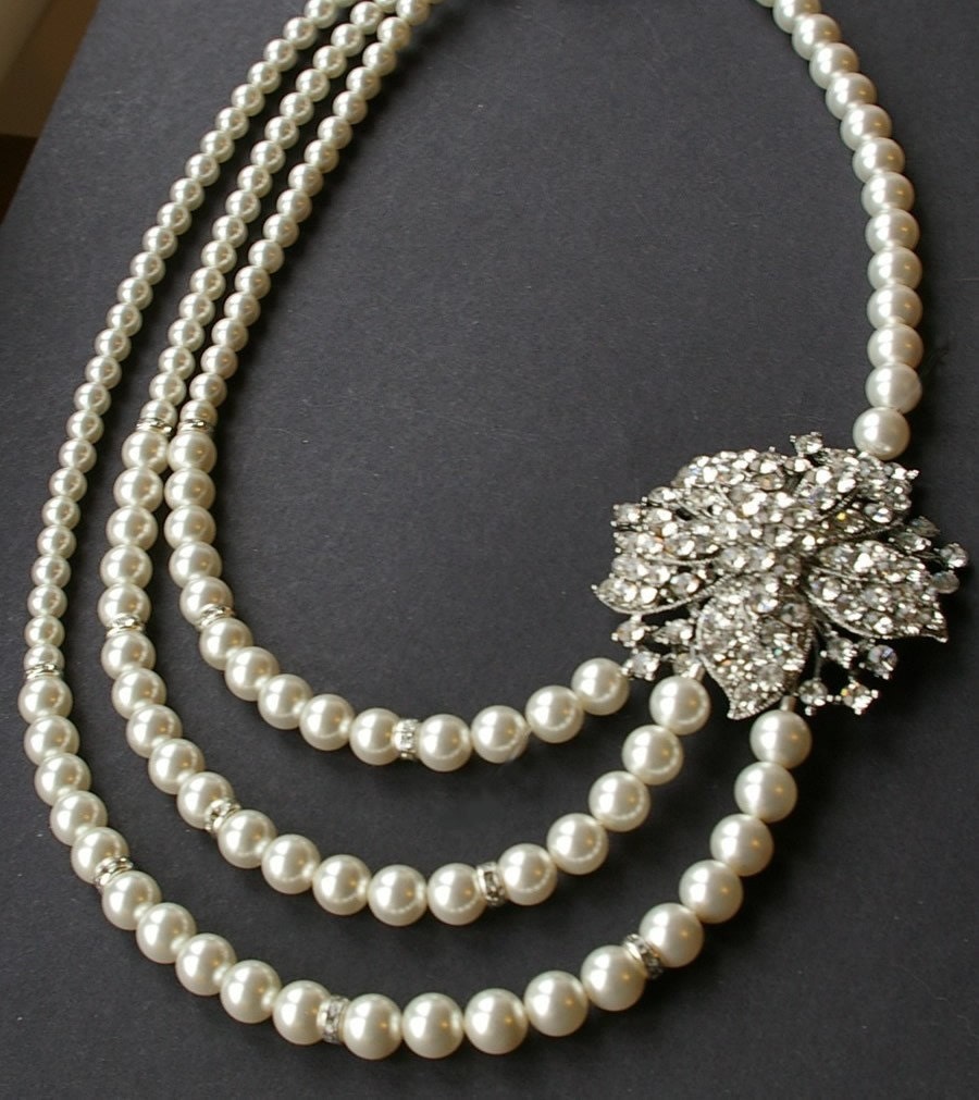 Statement Wedding Jewelry, Rhinestone Bridal Necklace, Pearl Wedding Necklace, Ivory White Pearl Jewelry, Rhinestone Flower Necklace, MISCHA