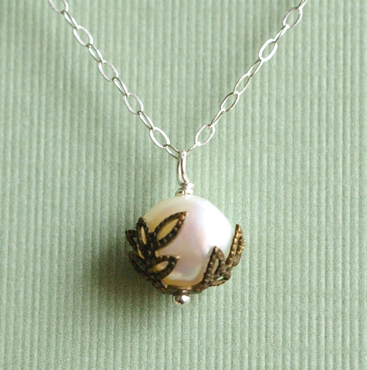Freshwater Pearl Necklace, Vintage Brass and Sterling Silver Necklace, HIDDEN PEARL
