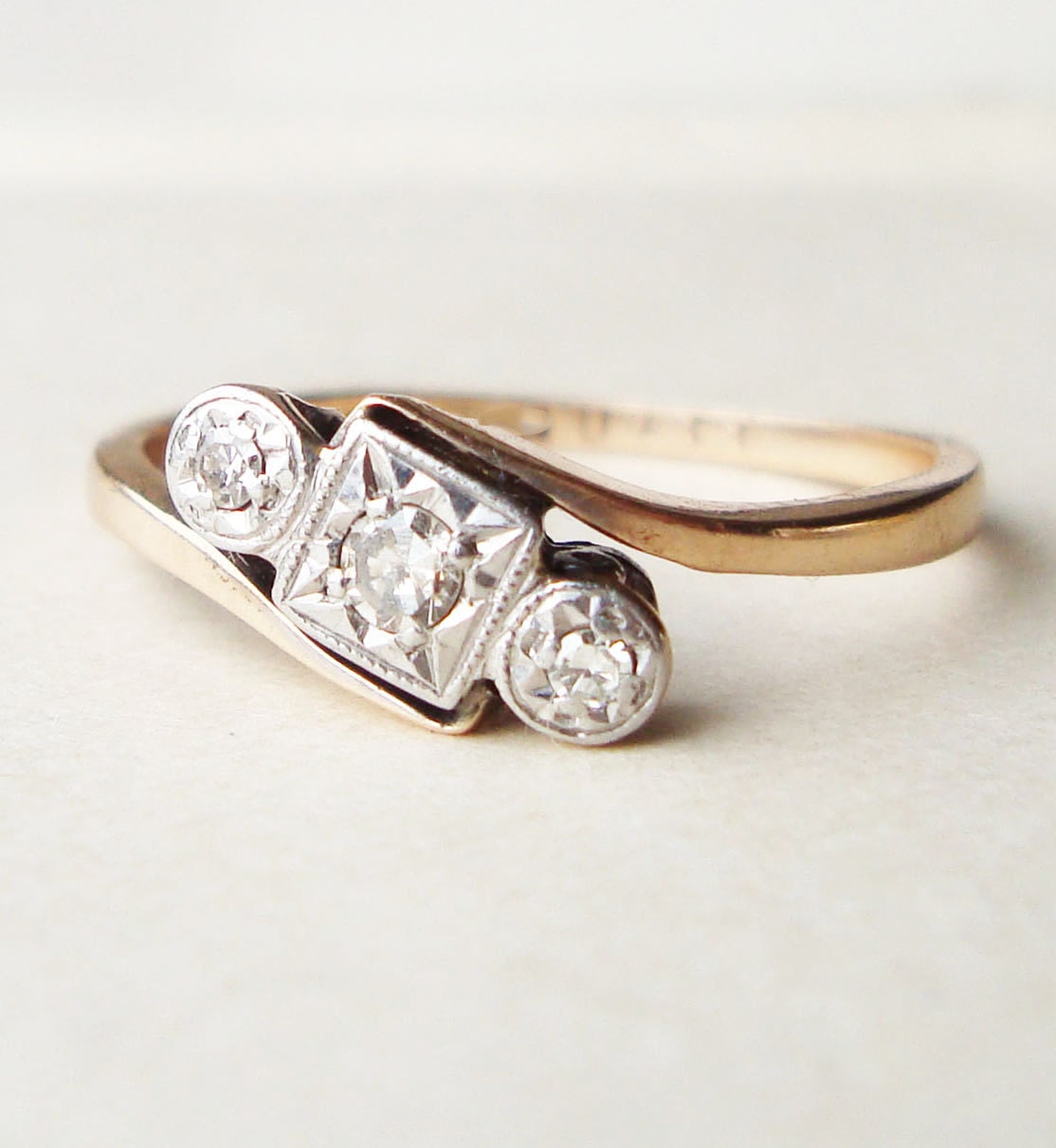 Antique Engagement Ring, Art Deco Trilogy Ring, Platinum Diamond and 9k Gold Ring Size US 8.25