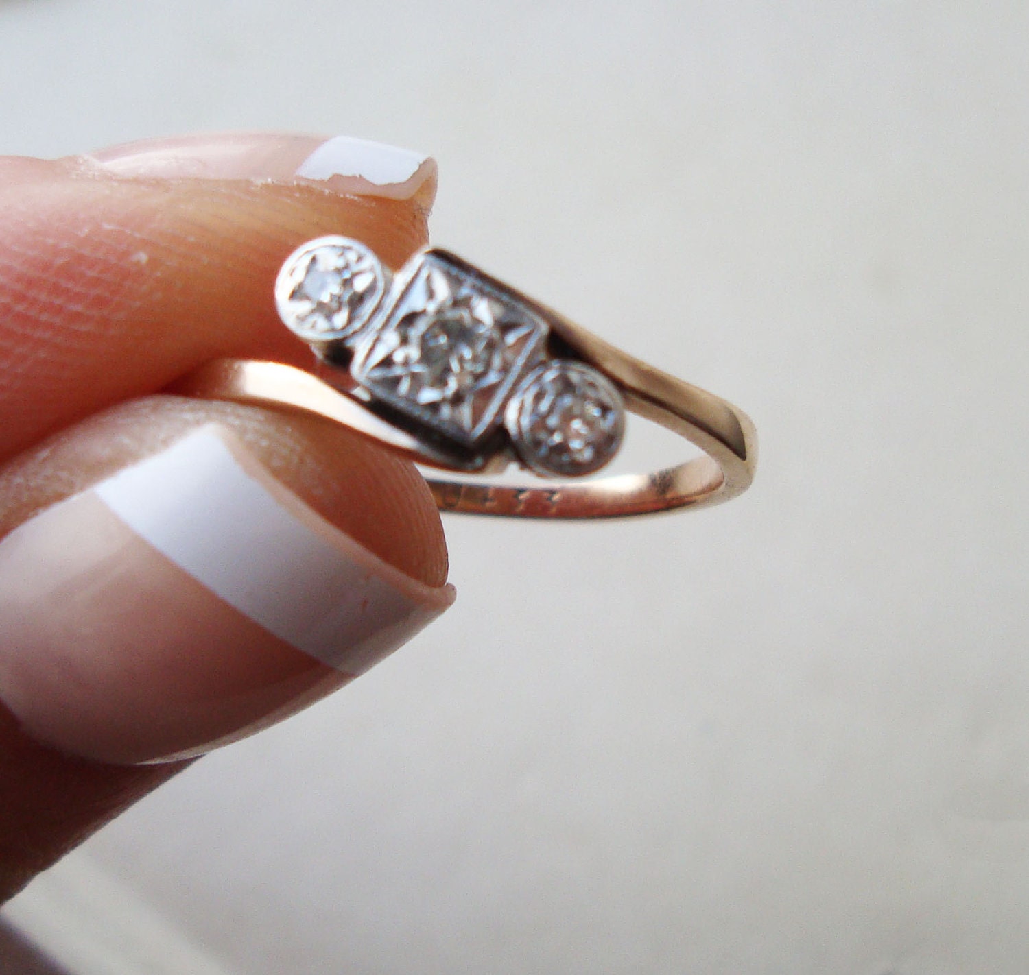 Antique Engagement Ring, Art Deco Trilogy Ring, Platinum Diamond and 9k Gold Ring Size US 8.25