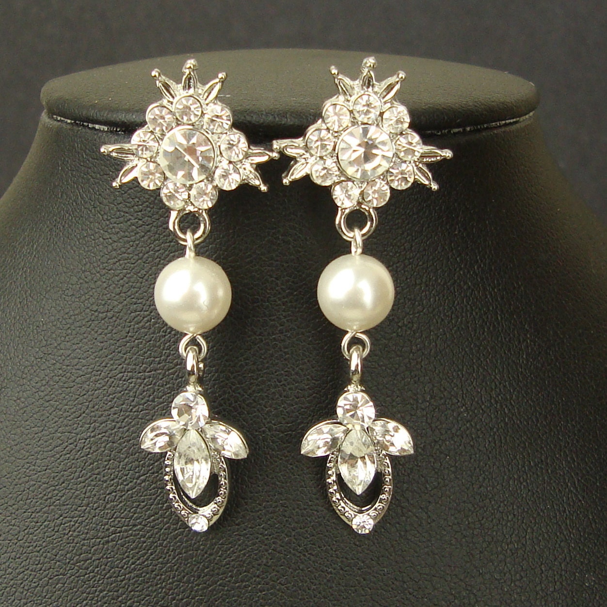 Rhinestone & Pearl Dangle Earrings, Ivory White Pearl Drop Earrings, Vintage Style Chandelier Bridal Earrings, Wedding Earrings, TANIA